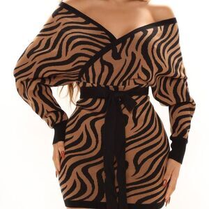 Fashion Nova Free To Roam Zebra Sweater Dress - Brown/combo XL